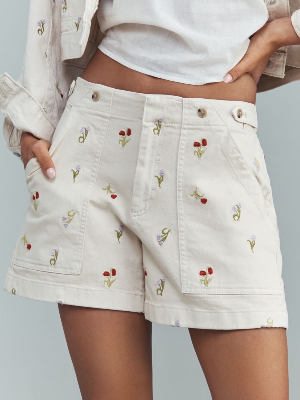 Pilcro Cream Embroidered Floral Cotton Shorts - Picture 2 of 3
